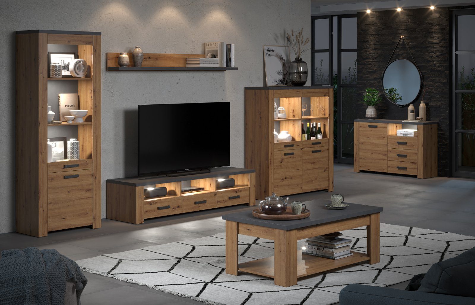 trendteam Highboard Follow (Schrank in Eiche Artisan mit grau, 127 x 139 cm), mit 8 Fächern