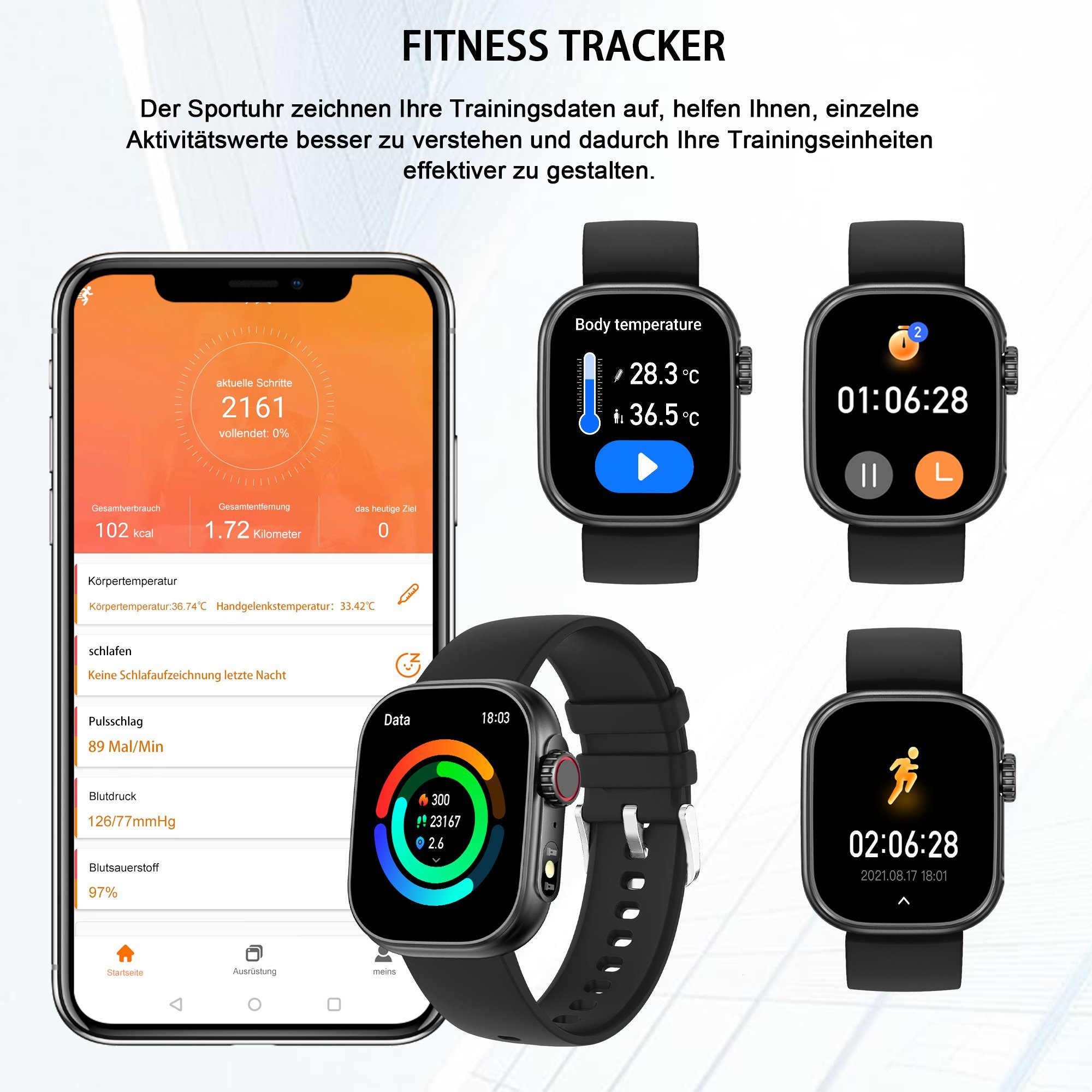 Mutoy Smartwatch, Damen Herren Smartwatch, Fitness Tracker Uhr Smartwatch (Fitnessuhr mit Telefonfunktion 2,01