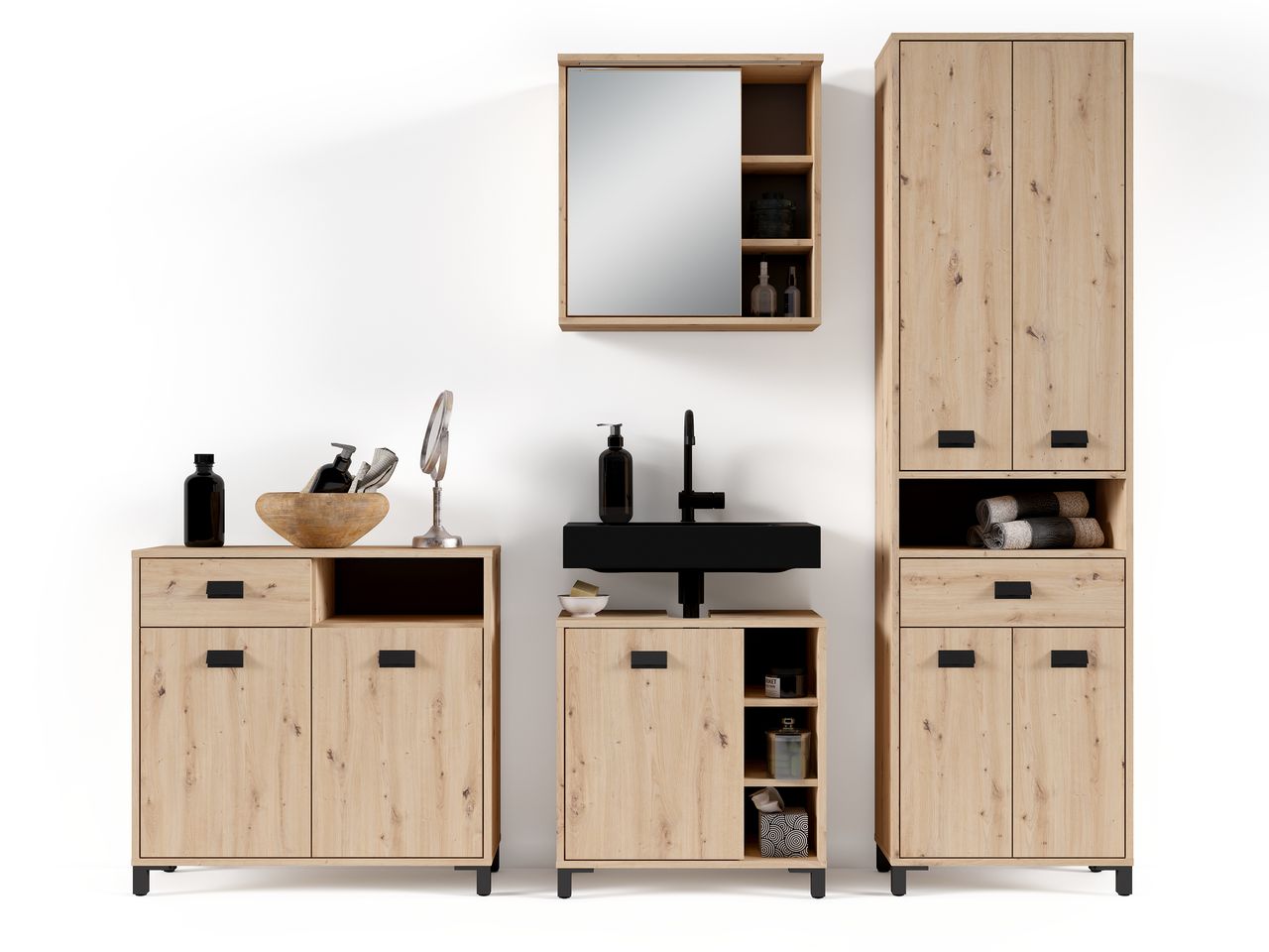 byLiving WELLNESS Waschbeckenunterschrank, Eiche-Optik, Alu/Kunststoff schwarz
