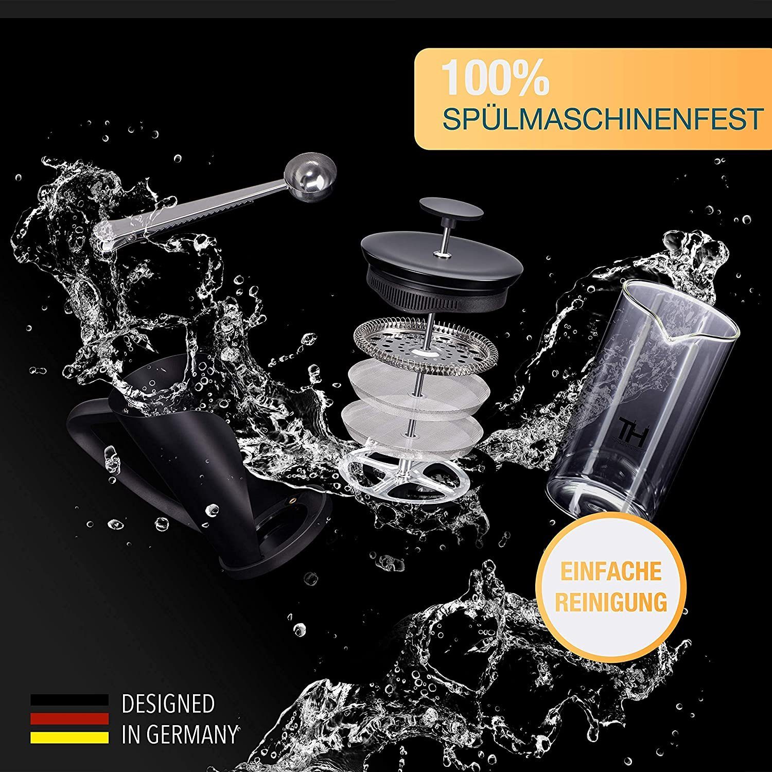 Thiru French Press Kanne Kaffeebereiter mit 4D Filtersystem, Edelstahl & Glas