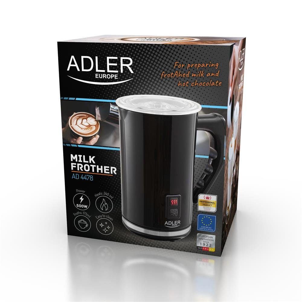 Adler Milchaufschäumer AD 4478, elektrischer Milchschäumer, 500 W, 115 ml / 240 ml, 360° System, Cappuccino, Latte Macchiatto, heiße Schokolade, kalt, warm, Milch, Edelstahl, elektrisch, schwarz