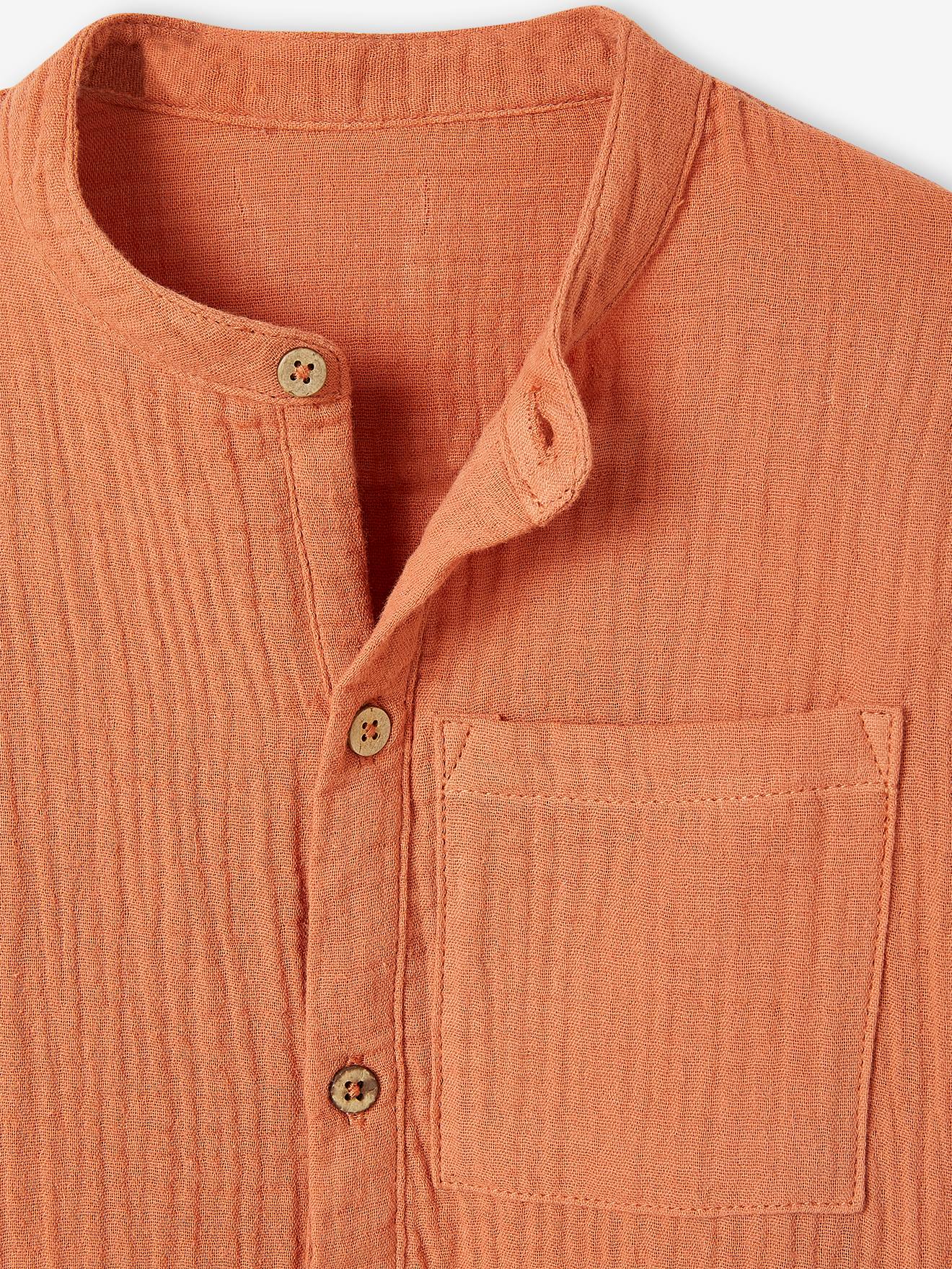 Chemise garçon en gaze de coton manches retroussables bleu moyen