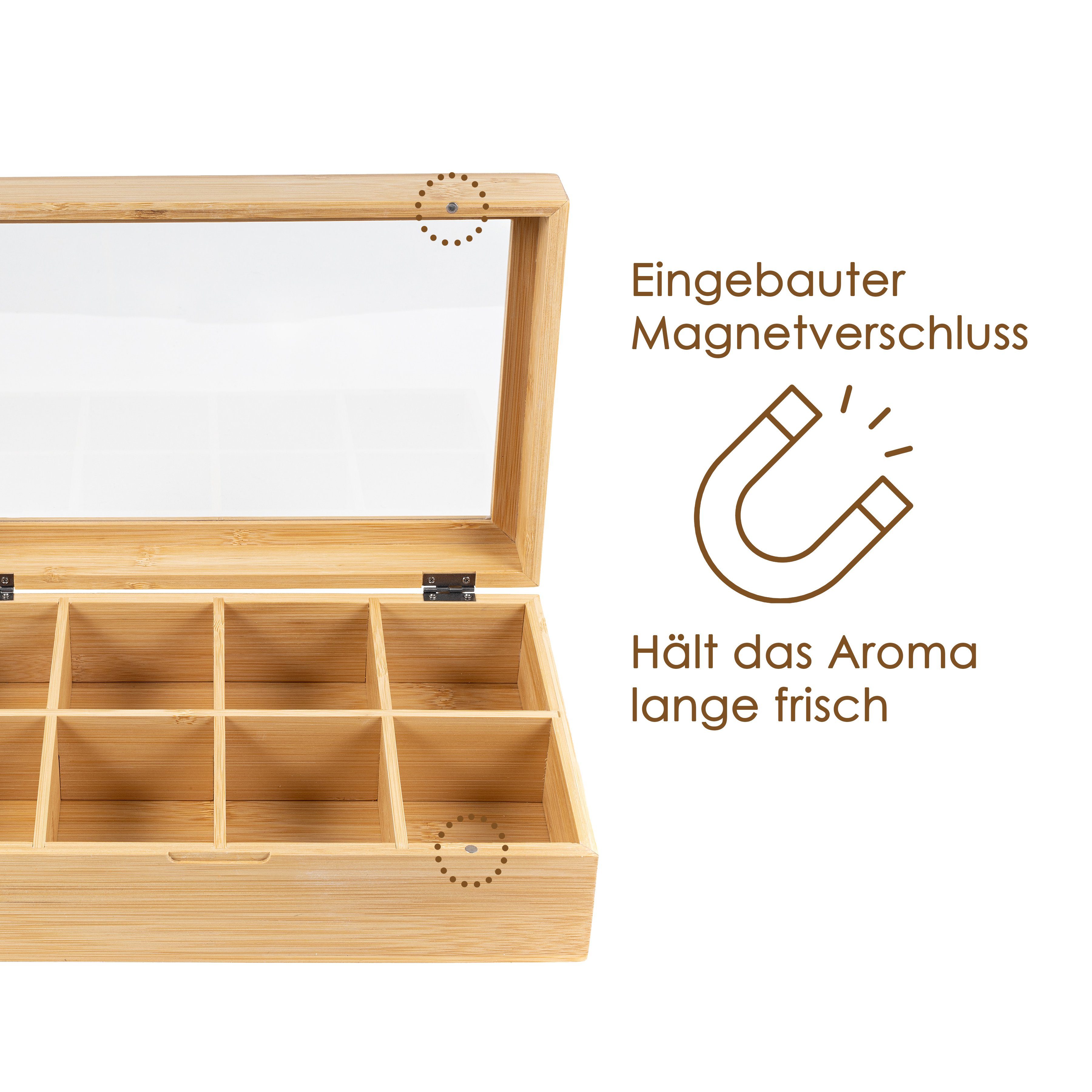 Hanseküche Teebox Premium Teebox – FSC®-zertifiziert, Bambus, (Teebox, 1-tlg., mit 8 Fächern), Deckel mit Sichtfenster, Platzsparendes Format für 136 Teebeutel