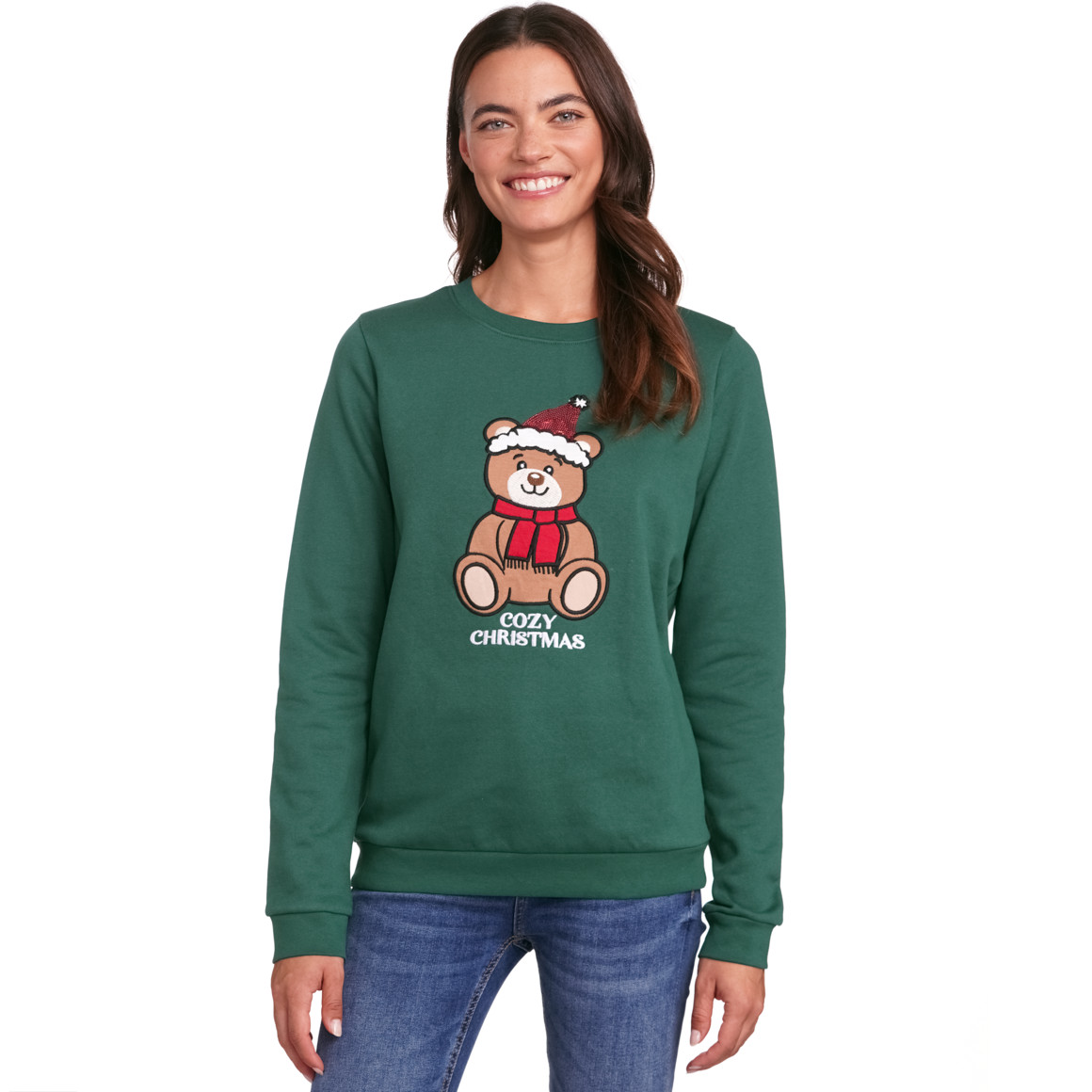 Damen Weihnachtssweatshirt mit Applikation dunkelgrün