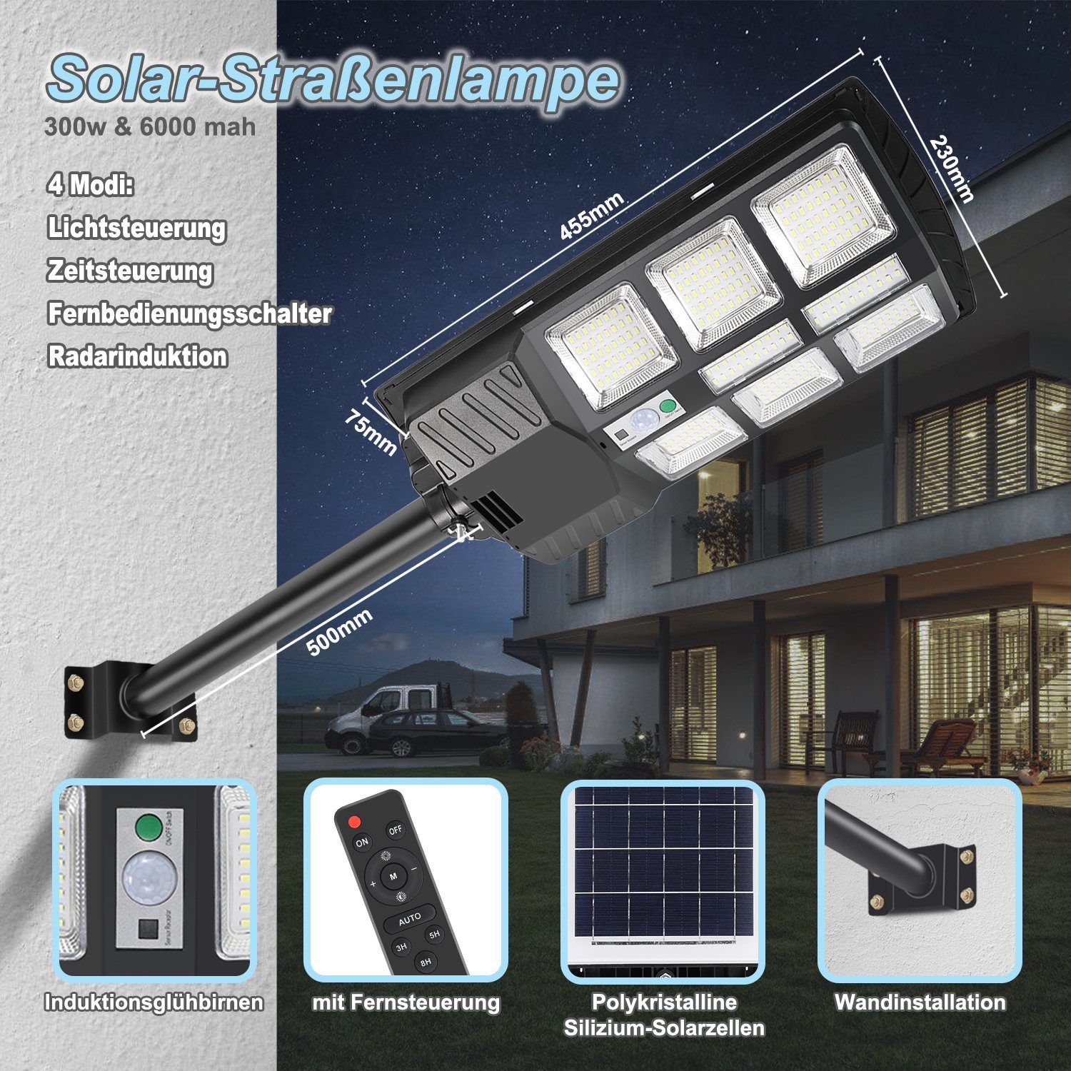 Yakimz LED Solarleuchte Straßenlaterne Solar Straßenlampe LED Strahler mit Bewegungsmelder