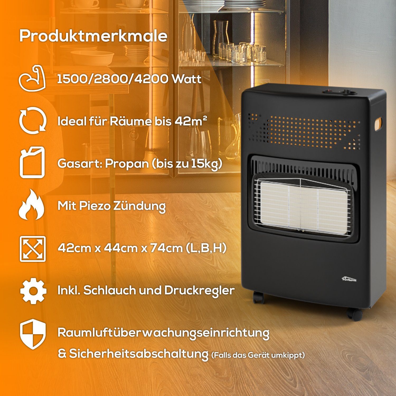 TroniTechnik Heizgerät Infrarot- Heizgerät HB-015 Gasheizer,Piezo-Zündung,4200 Watt,I3B/P(50), 4200 W, Überhitzungsschutz, drei Leistungsstufen:1500/2800/4200 Watt Edelstahl