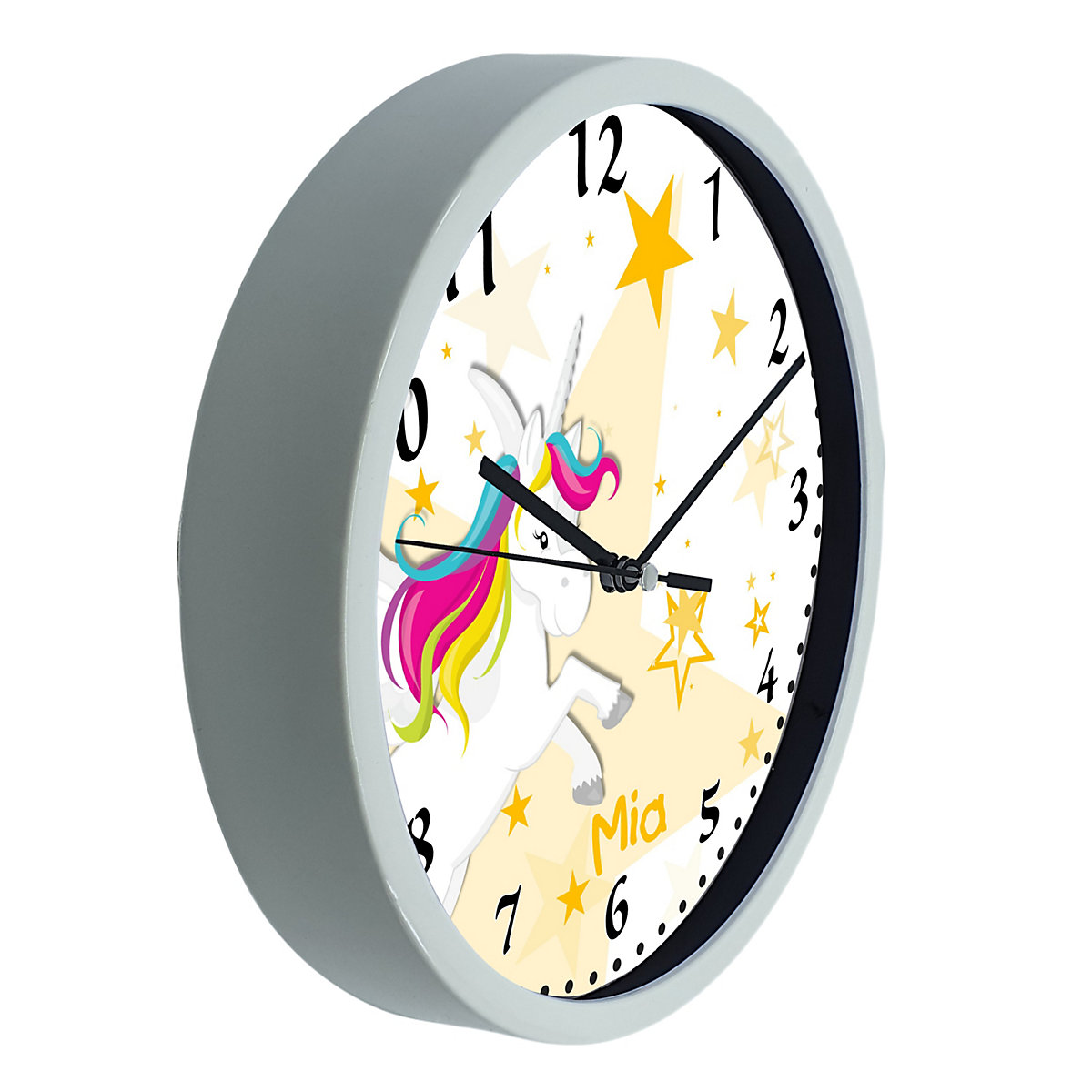 Kinder Wanduhr laufruhig personalisiert mit Name Pegasus Sterne Gelb