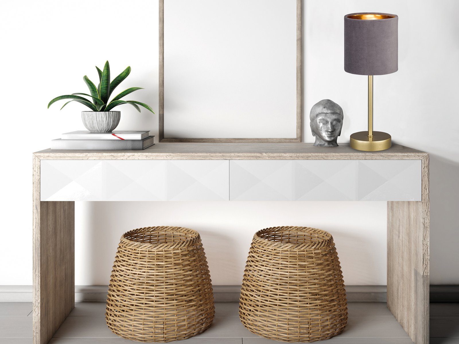 meineWunschleuchte LED Nachttischlampe, Dimmfunktion, LED wechselbar, Warmweiß, ausgefallen-e Design-er mit Samt Lampenschirm Grau Gold-en, H: 34cm