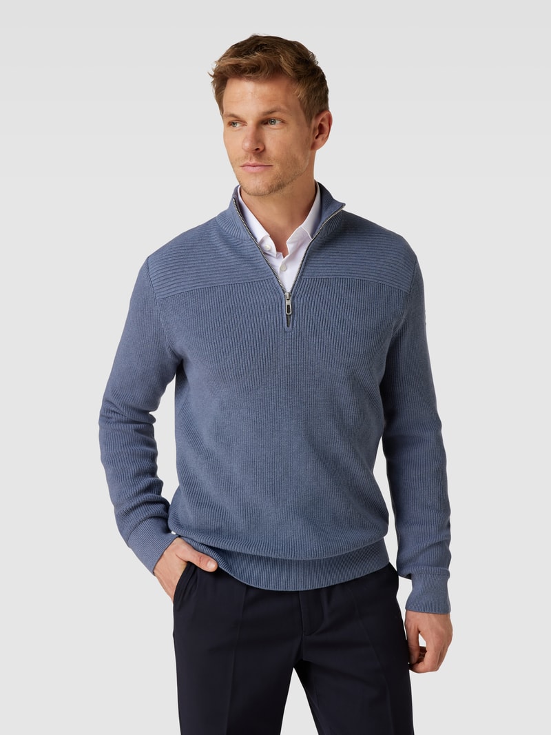 Strickpullover mit kurzem Reißverschluss in dunkelblau meliert