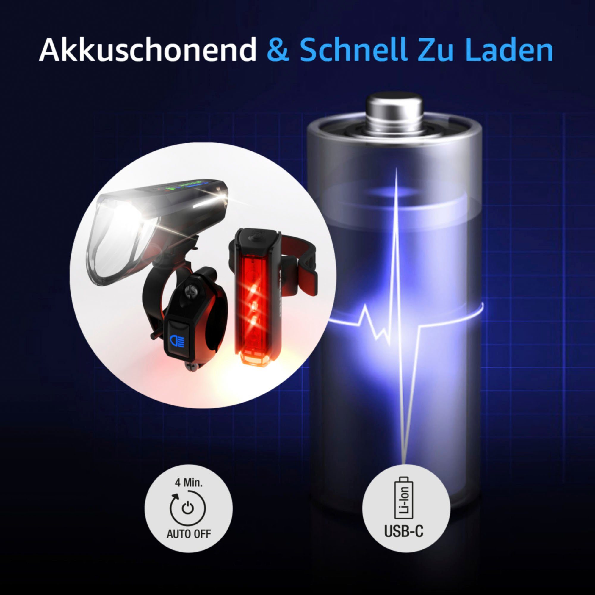 FISCHER Fahrrad Fahrradbeleuchtung LED-Akku-Bel. Set PLUS 100/130 Fernlicht + TWIN STOP