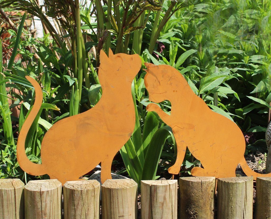 LB H&F Lilienburg Teichfigur 2er SET Katzen Rost Stecker Garten Deko Beet Blumenkübel zum Stecken, (Ostern Roststecker Dekoration Dekofigur Teichdeko Teichstecker Frühling Rostfigur 2er KATZE, Gartenstecker Beetstecker Dekoration Blumenstecker Figur