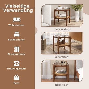 COSTWAY Beistelltisch, gehärtete Glasplatte, mit Rattan Ablage, rund 56x56cm