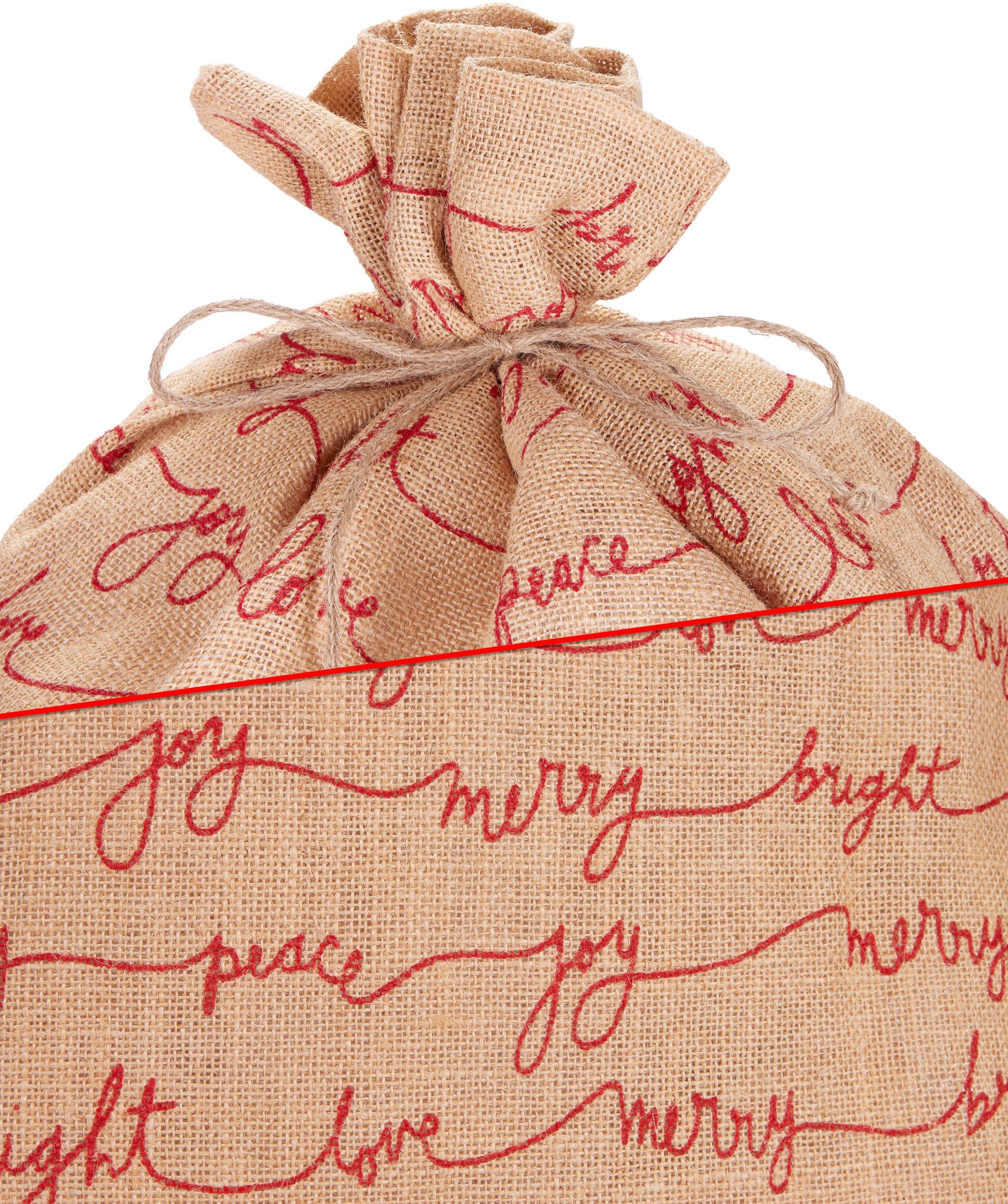 BRUBAKER Aufbewahrungstasche Weihnachtssack Love Peace Joy - 80 cm Geschenksack Weihnachten (1-tlg., Jutesack - Braun Rot), Nikolaussack Jutebeutel Sack mit Kordel zum Verpacken von Geschenken
