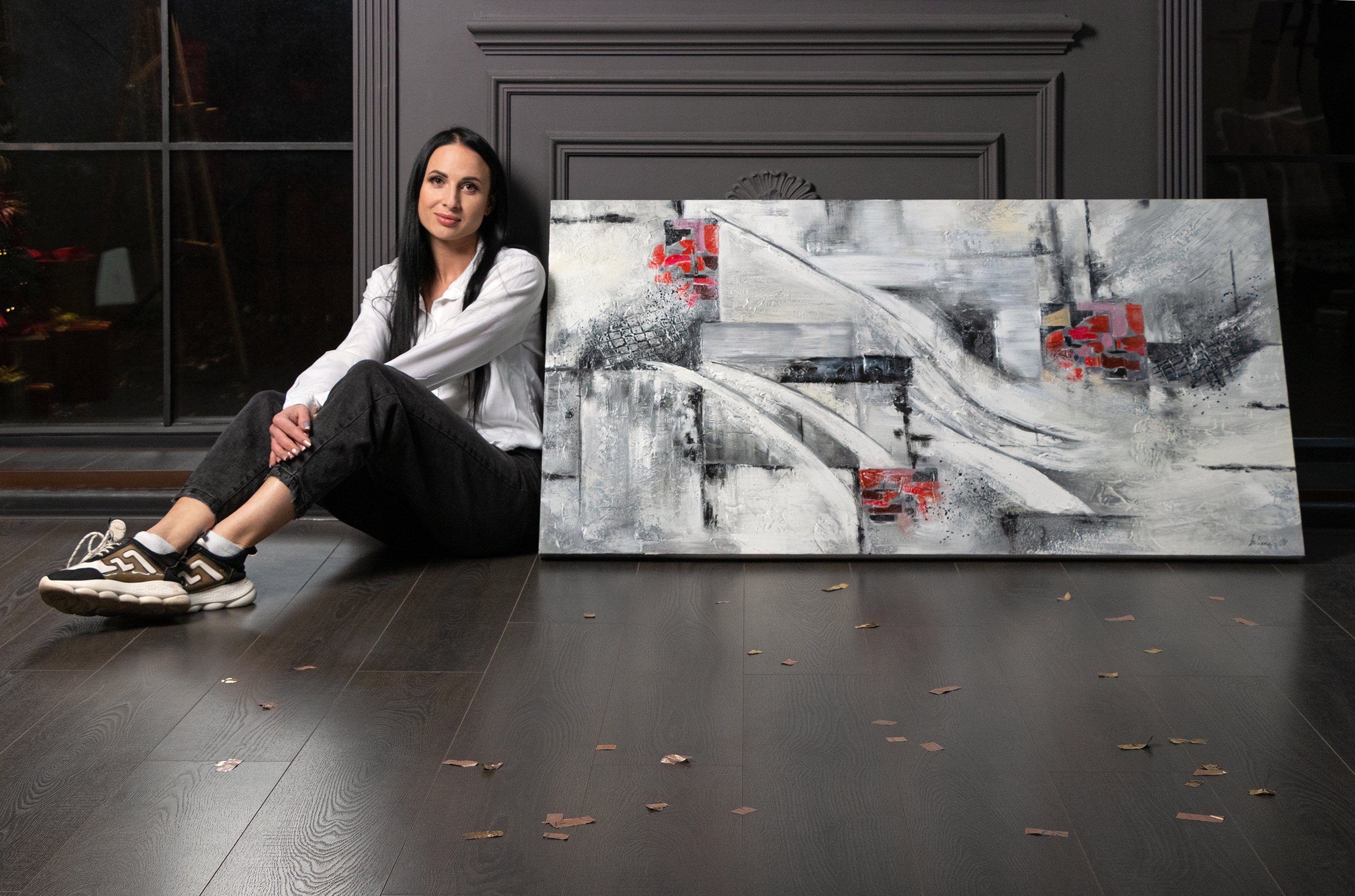 YS-Art Gemälde Abstraktion VII, Abstrakt, Abstraktes auf Leinwand Bild Handgemalt in Rot Schwarz Grau