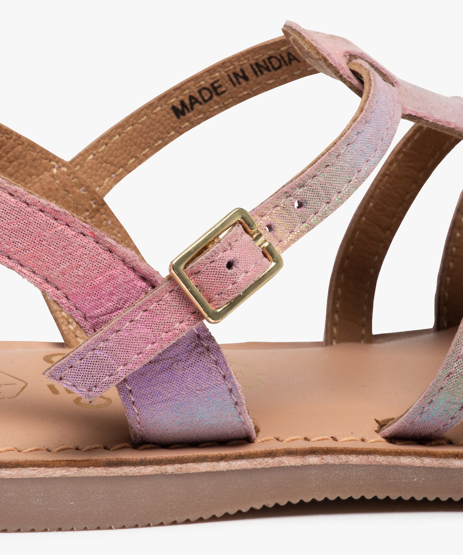 Sandales fille à brides multiples en cuir reflets irisés rose | GEMO