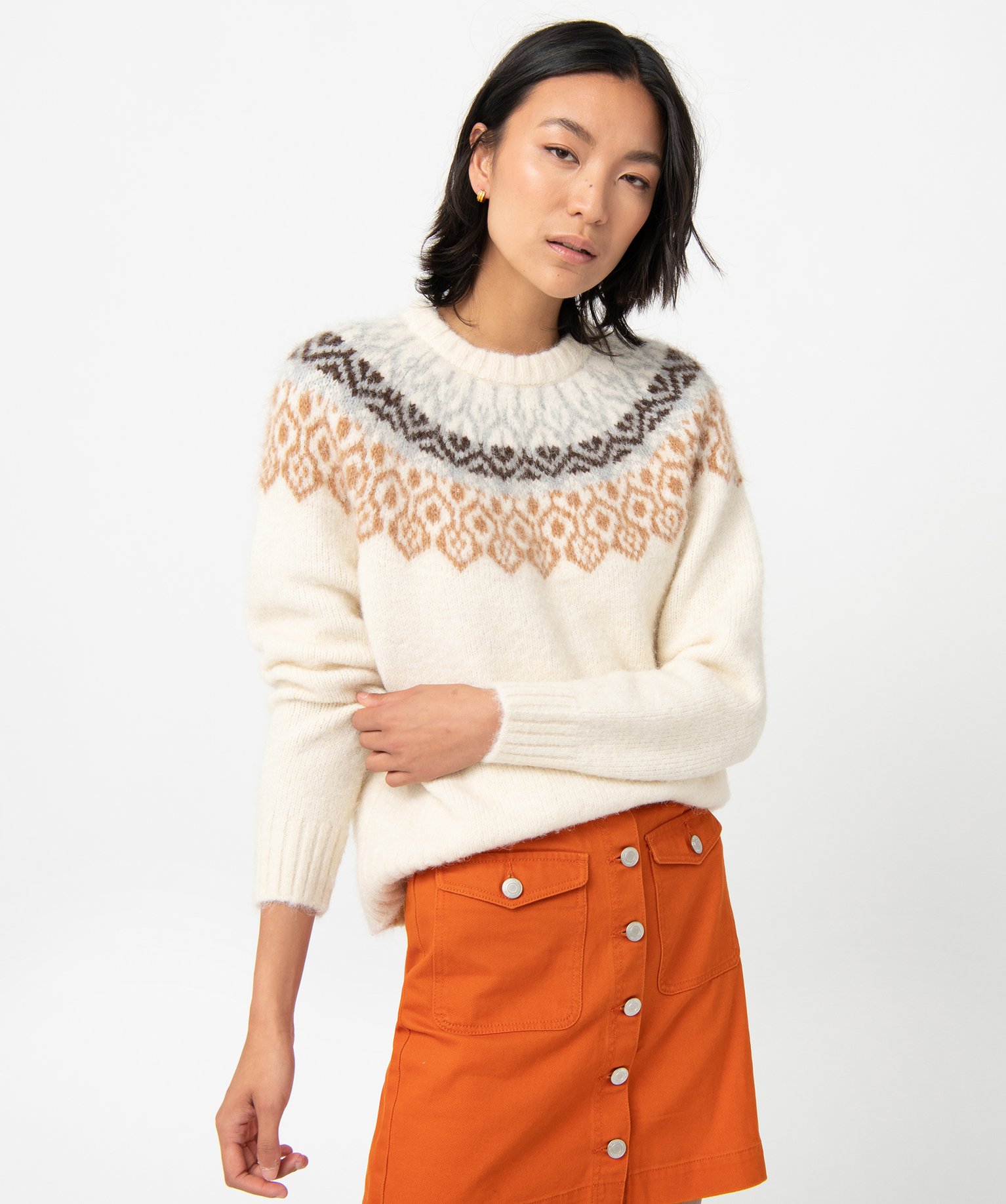 Pull femme jacquard avec col rond ecru | GEMO