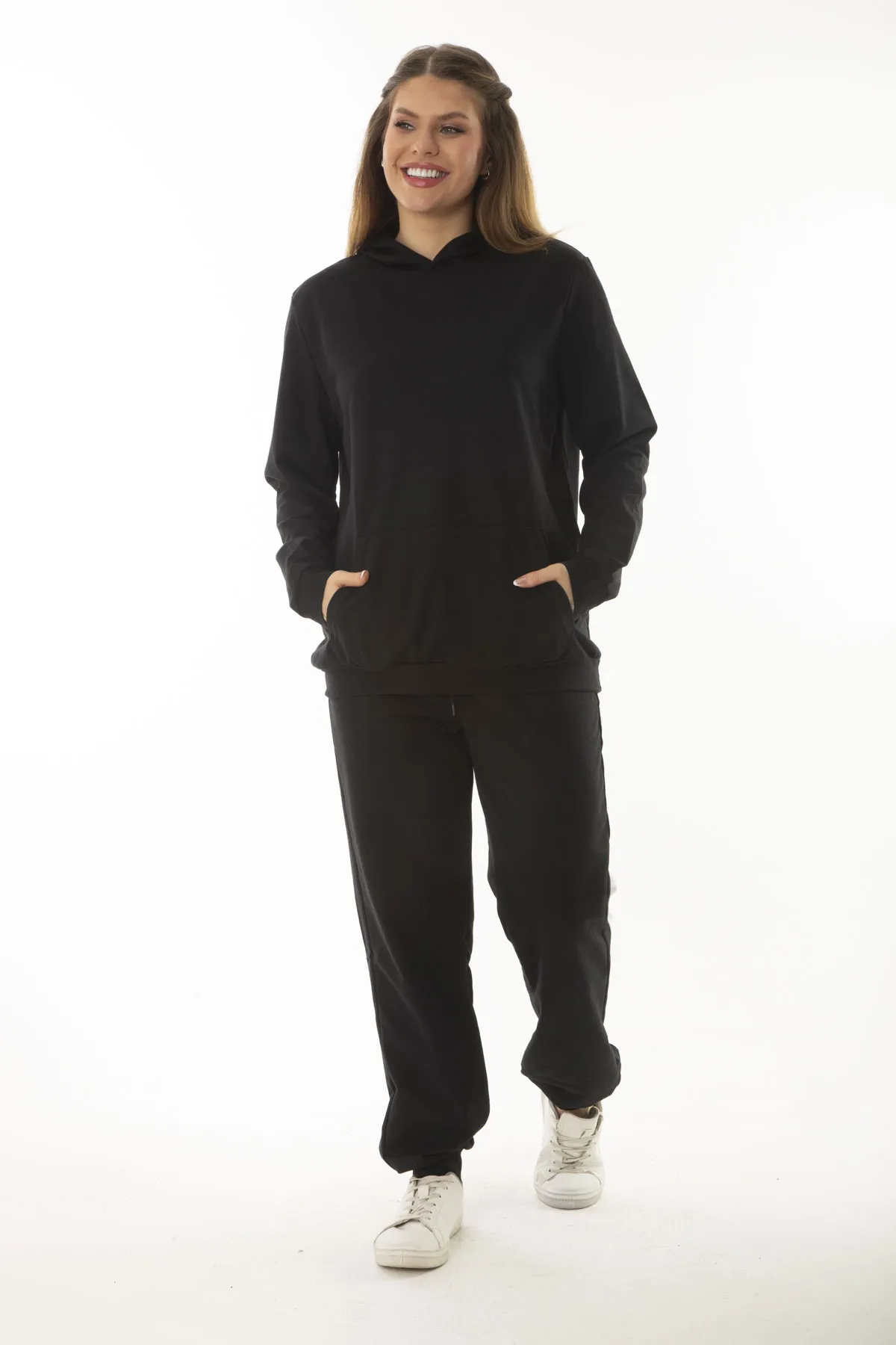 Şans  Schwarzer Damenanzug mit Kängurutasche und Kapuzen-Sweatshirt in großer Größe, geknöpft, Anzug 65N37053