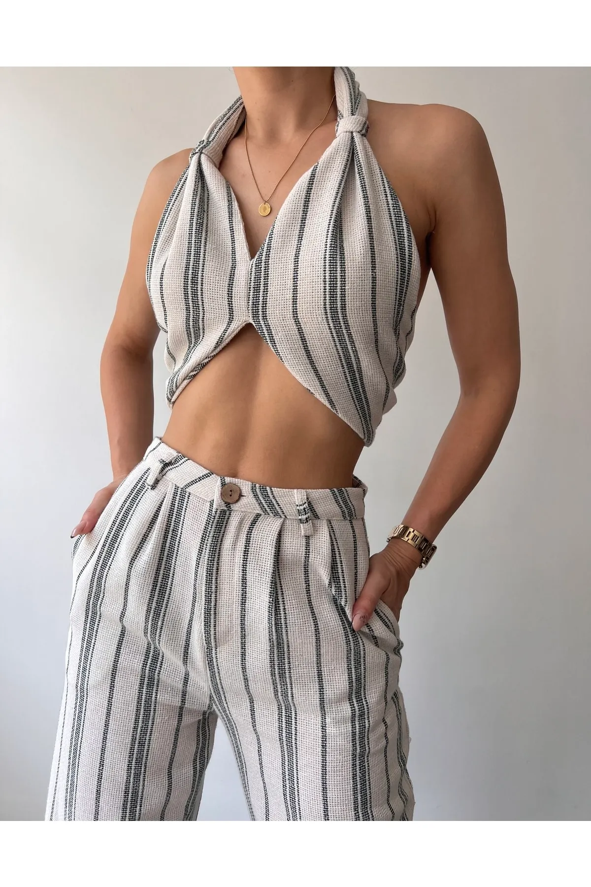 MAİ COLLECTİON  Ramona-Set aus gestricktem Leinen mit Gittermuster