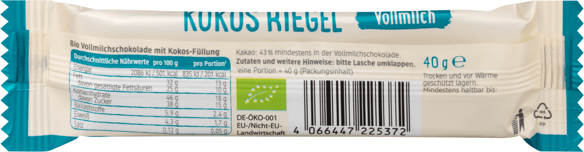 Schokoriegel, Vollmilch Kokos, 40 g