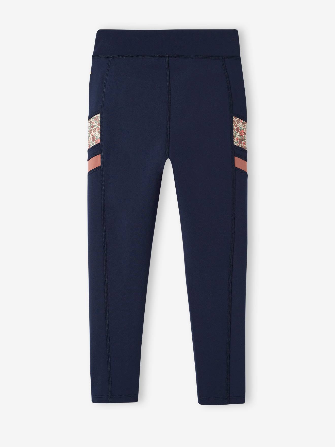 Legging sport en matière technique fille détails côtés fantaisie marine