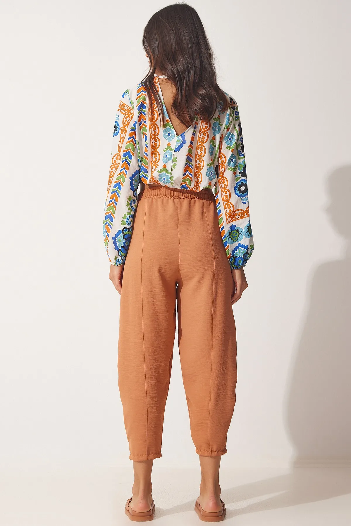 Happiness İstanbul  Damen-Shalwar-Hose aus leicht gefliestem Leinen CI00036