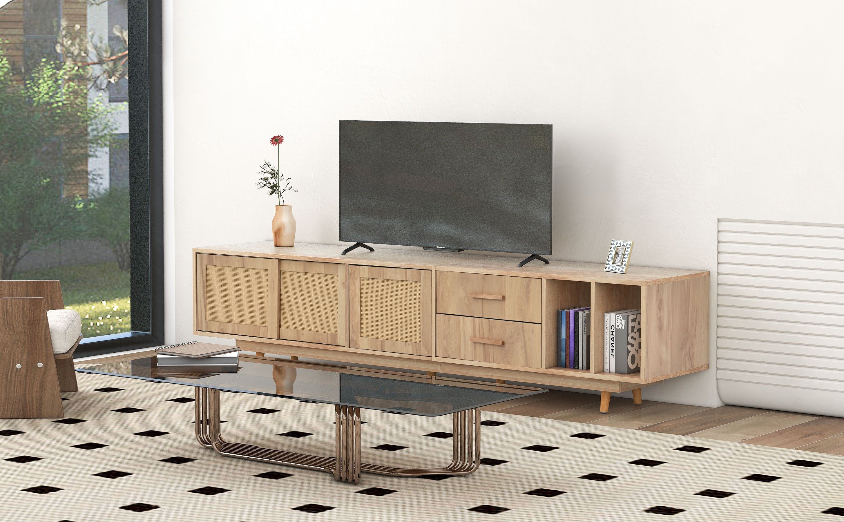 BlingBin TV-Schrank Lowboard TV-Board Rattan-Türdesign Natural Oak Breite 190cm (Mit drei Schränken und zwei Schubladen) Geeignet für Fernsehgeräte bis zu 80 Zoll