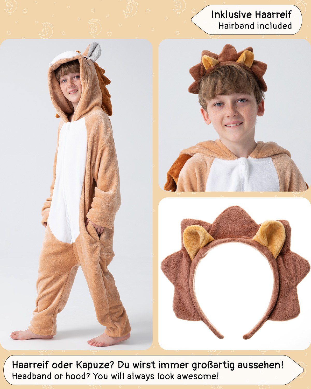 Corimori Jumpsuit Flauschiges Löwen-Kostüm für Kinder (2-tlg) mit Haarreif, Fasching, Mädchen, Jungen, Simba, König der Löwen