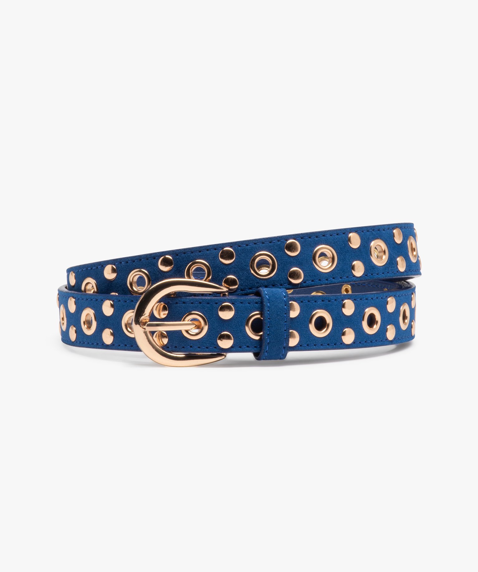 Ceinture fine toucher velours à illets et clous dorés femme bleu | GEMO