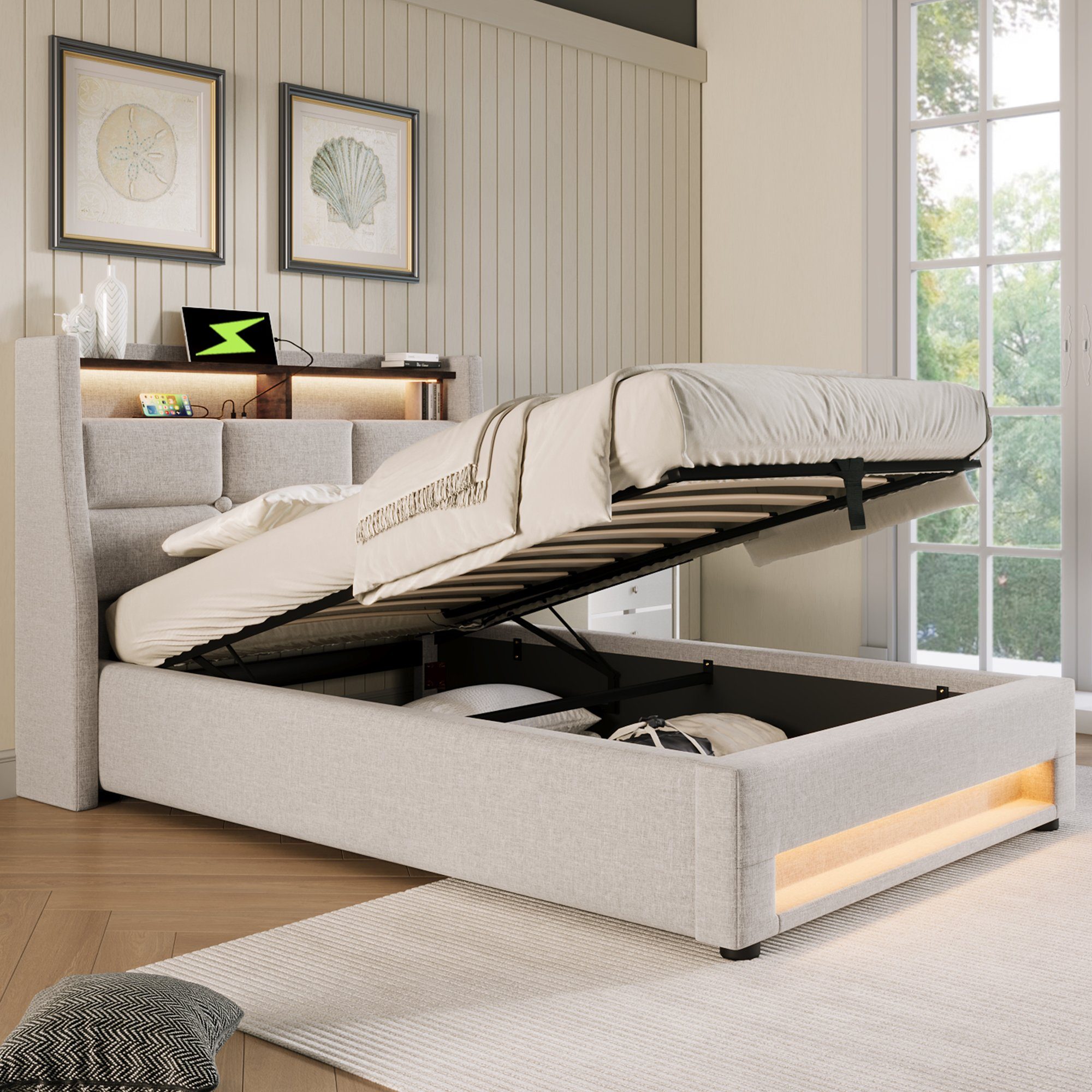 REDOM Polsterbett (LED Doppelbett Jugendbett mit USB Ladeanschluss, Jugendbett), 90x200cm, Ohne Matratze