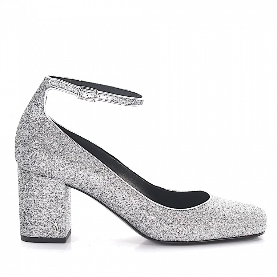 Saint Laurent - Pumps Kalbsleder Logo Glitzer silber - grau