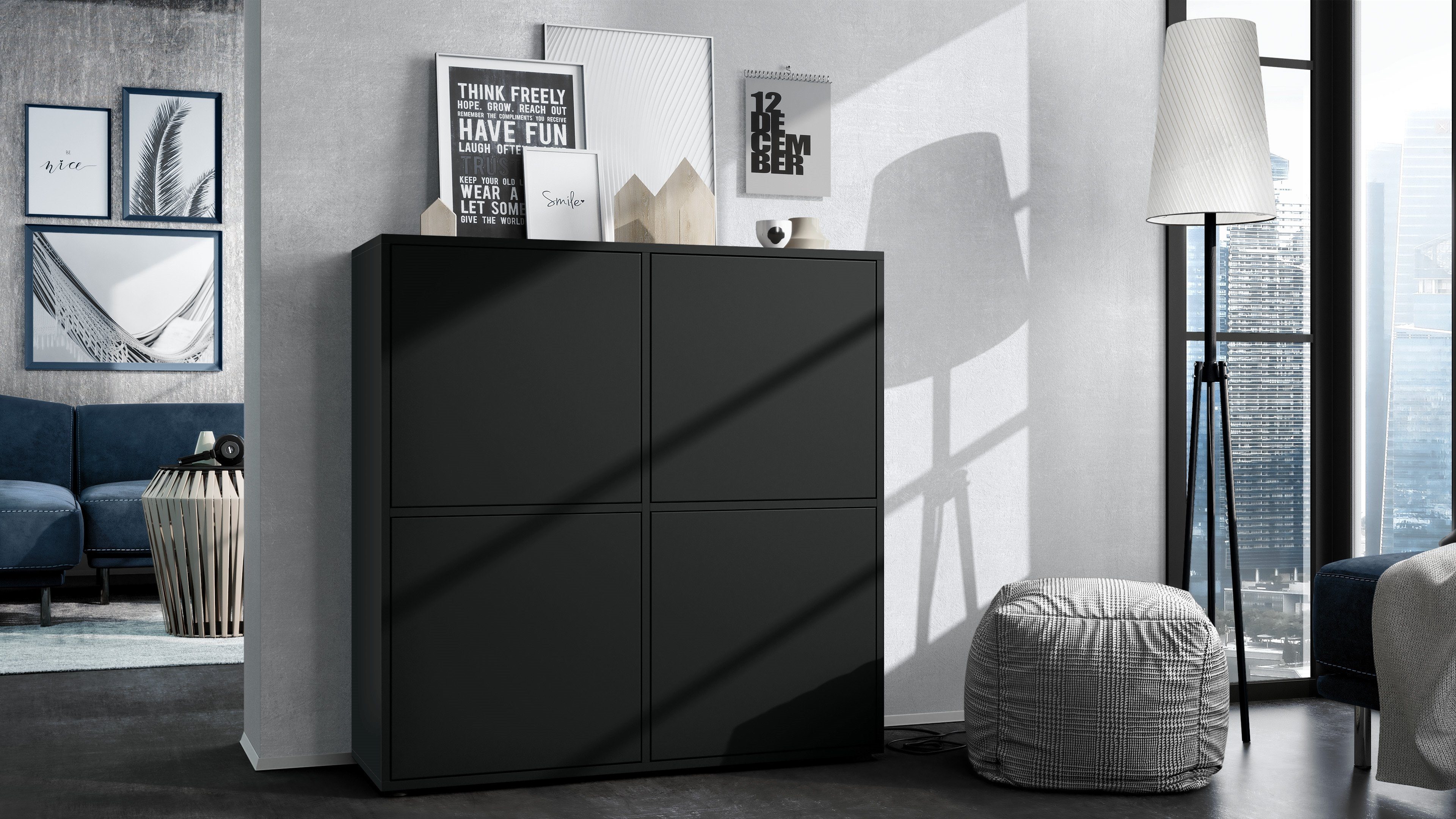Vladon Highboard Cuba (Schrank, 104 x 105,5 x 35,5 cm Sideboard mit 8 Fächern), Korpus in Schwarz matt / Fronten in Schwarz matt