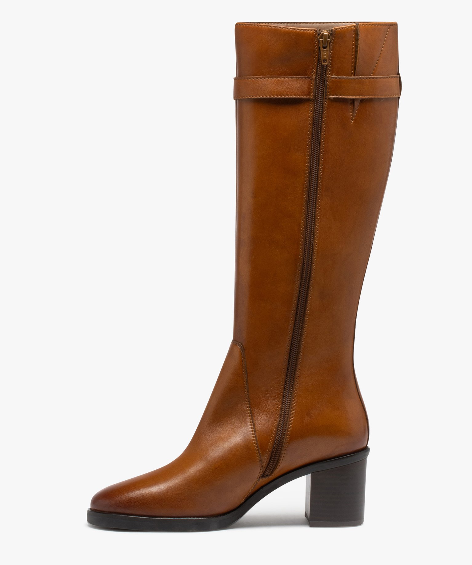 Bottes femme cavalières à talon avec dessus en cuir uni - ... camel | GEMO