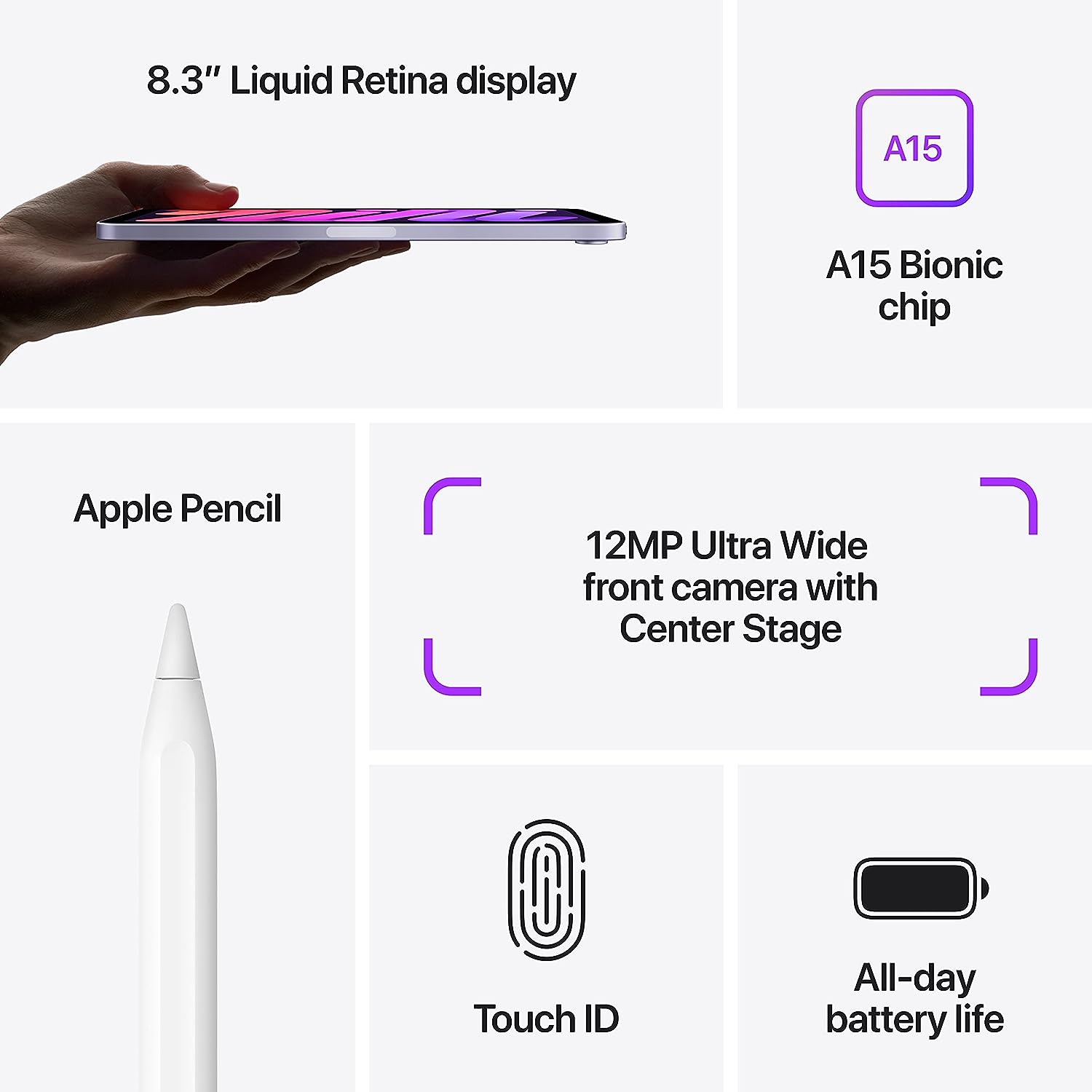 Apple iPad Mini (6th Generation): with A15 Bionic chip, 8.3-inch Liquid Retina Display, Wi-Fi 6, 12MP front/12MP Back Camera, Touch ID, All-Day Battery Life