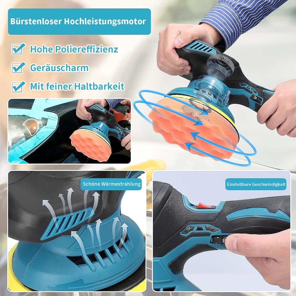 Yoyaxi Poliermaschine Kleine tragbare wiederaufladbare elektrische Lithium-Poliermaschine, (1 tlg), 6 Geschwindigkeiten, 2 Batterien, einstellbares Metallwachs