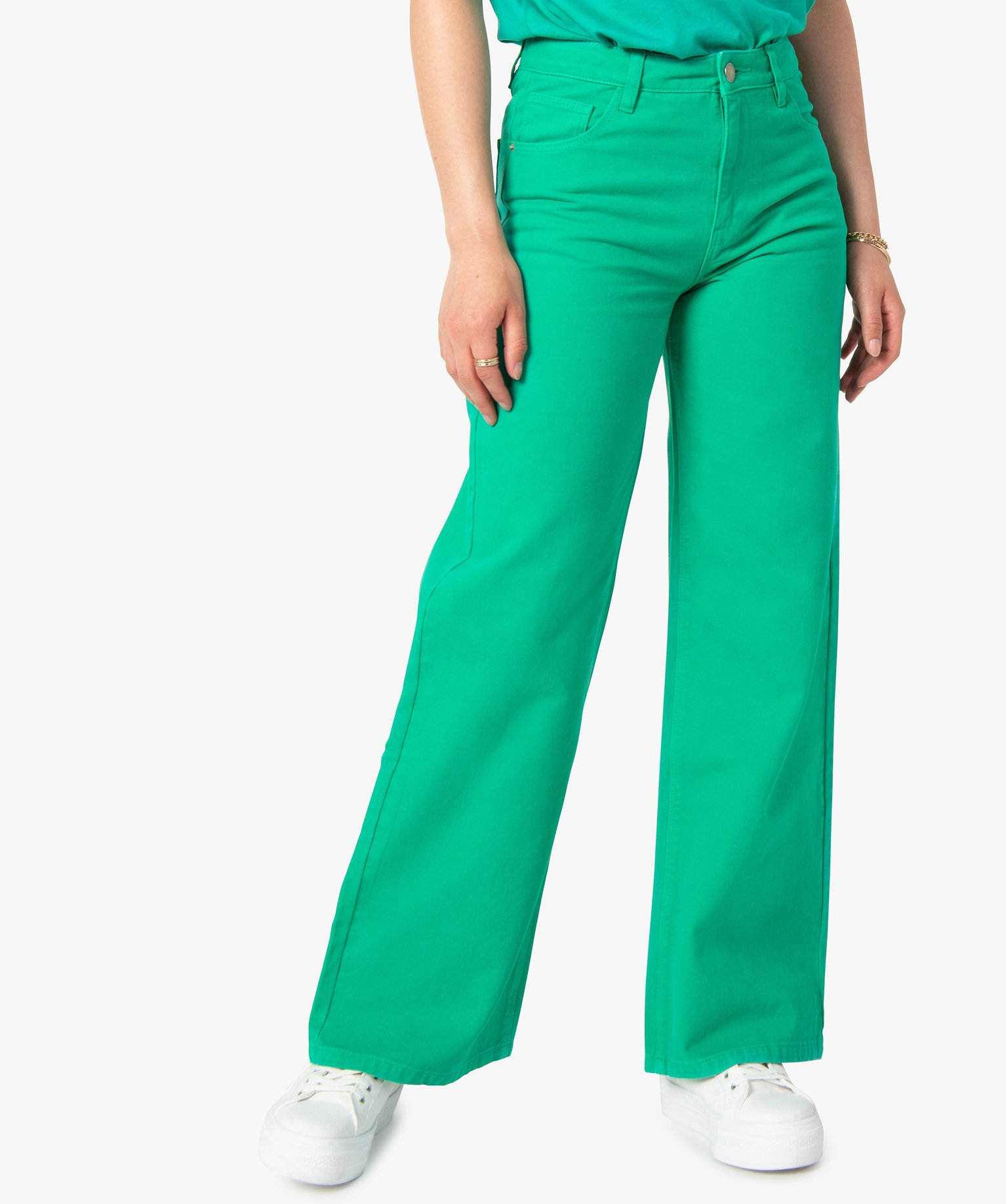 Jean femme coupe large taille haute vert | GEMO