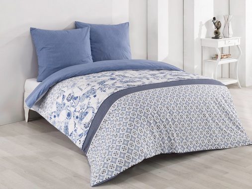 Bettwäsche Retro Paisley, One Home, Renforcé, 3 teilig, Baumwolle, Blumen und gestreift, Doppelbett