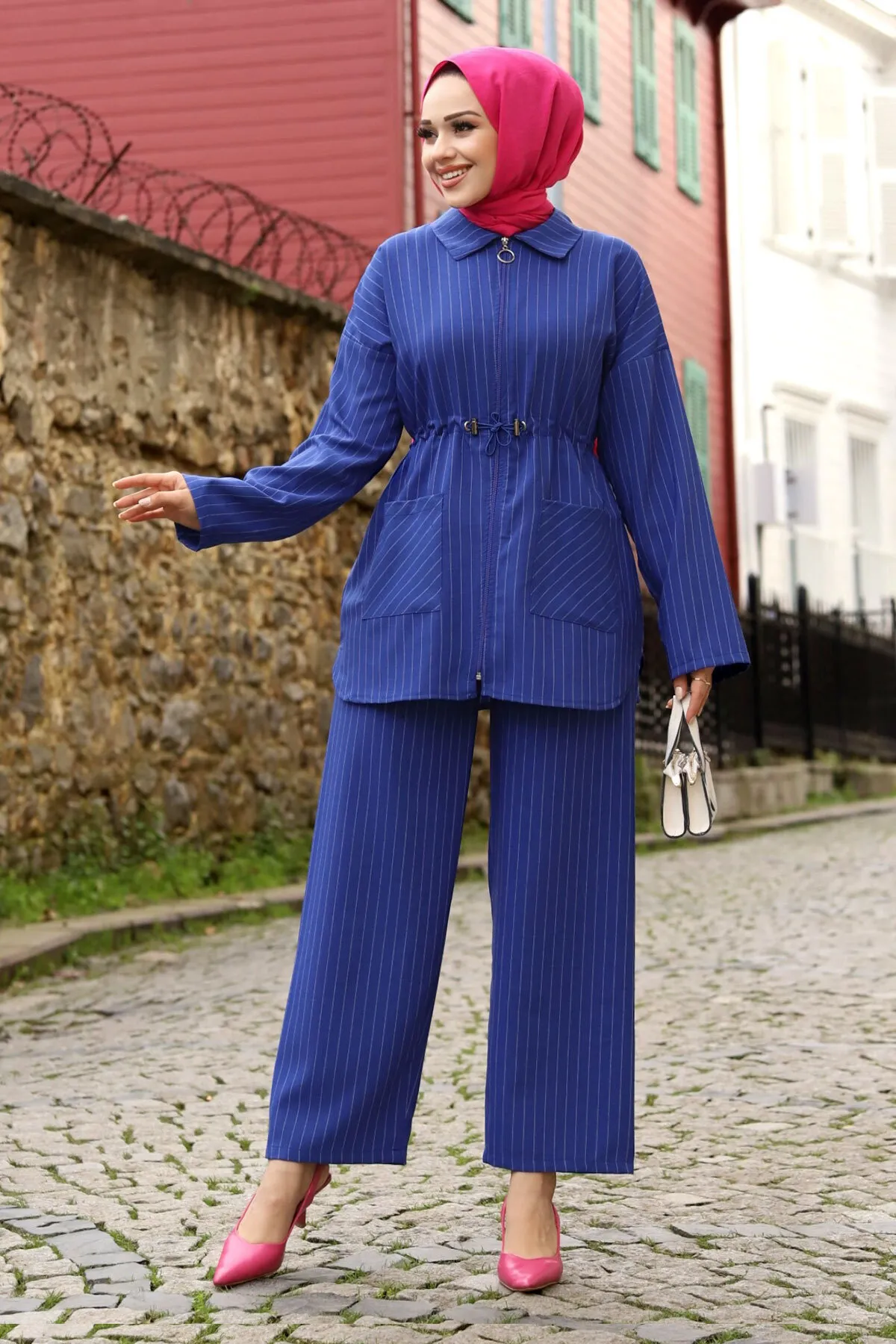 Tesettür Dünyası  Melisa Kordelzug Reißverschluss Anzug TSD240106 Saks Blau