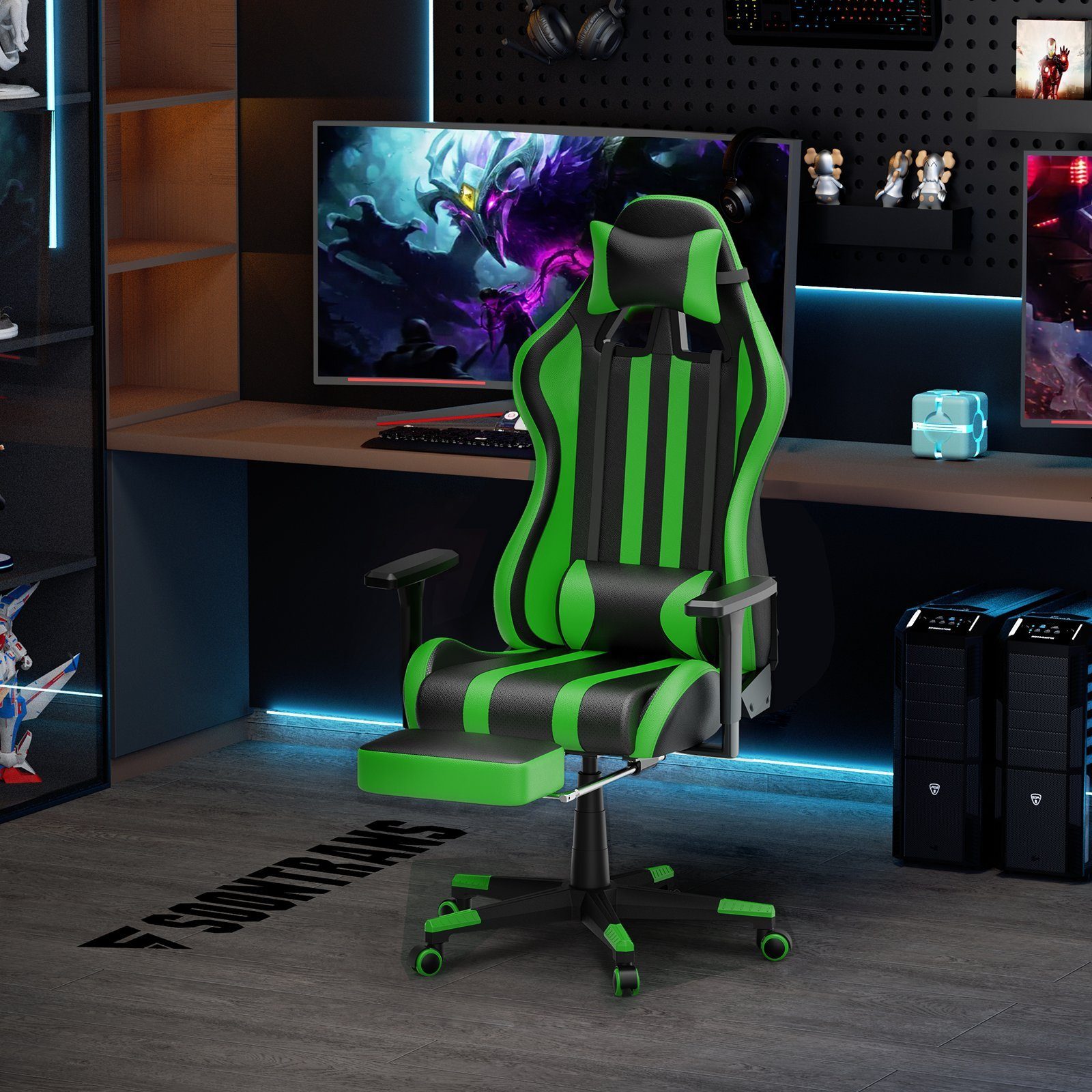 AUFUN Gaming-Stuhl Authmic Biirostuhl Ergonomischer Schreibtischstuhl, Max. 150 kg (Massage Gaming Sessel für Livestreaming Xbox (Grau/Blau/Grün/Rot/Schwarz), mit Vibration Massage Lendenkissen, Fußstütze, Kopfstütze, Ergonomisch