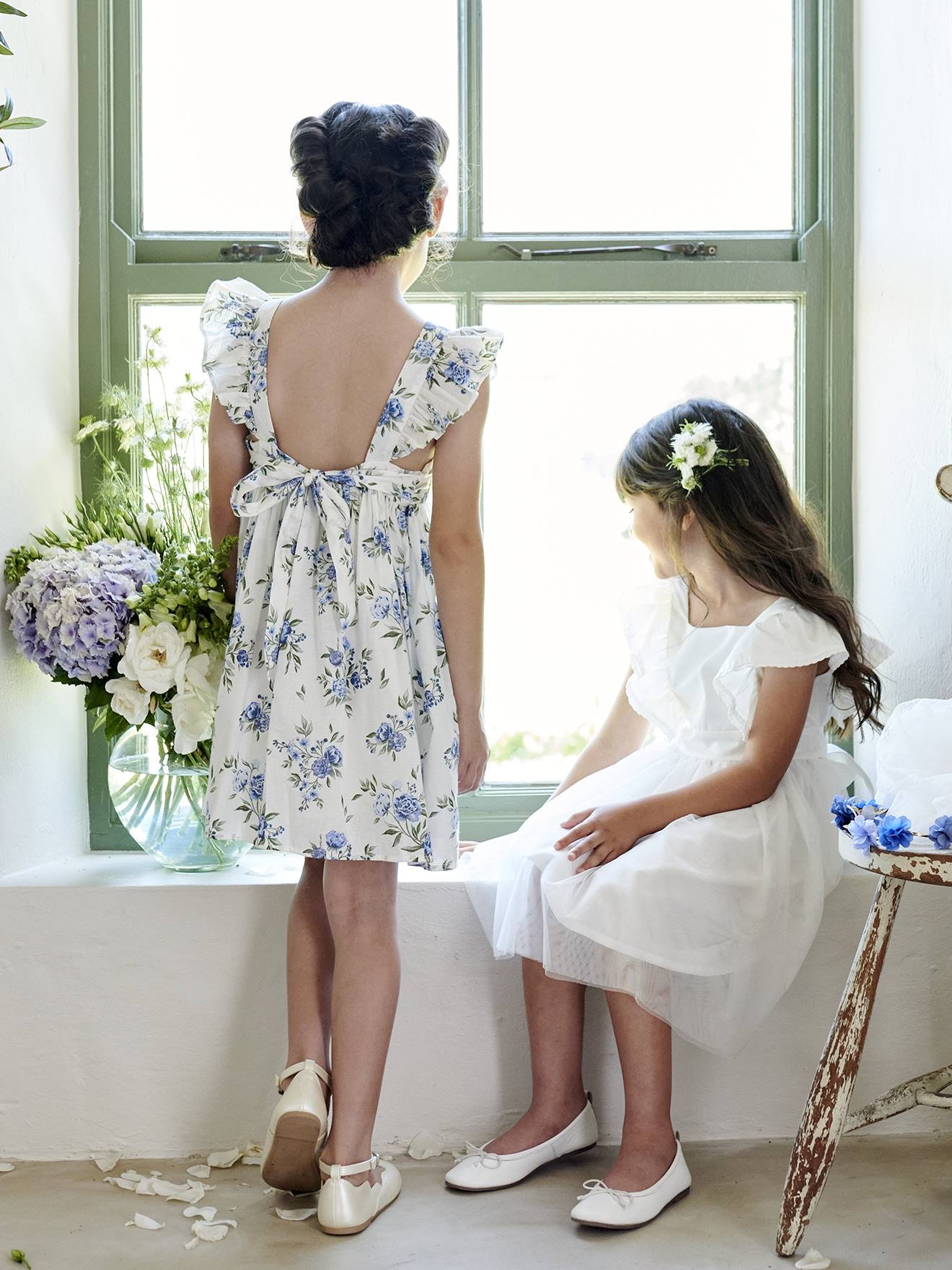 Vertbaudet Festliches Mädchen Volantkleid - blau bedruckt