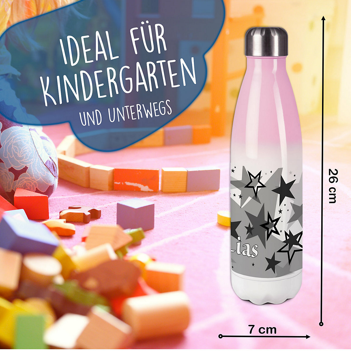Edelstahl Kinder Thermoflasche / Trinkflasche bunt Sternenhimmel Farbe schwarz Spülmaschinenfest, Auslaufsicher, Bruchfest, Doppelwandig, Für Heißgetränke geeignet, Mit Deckel, Isoliert