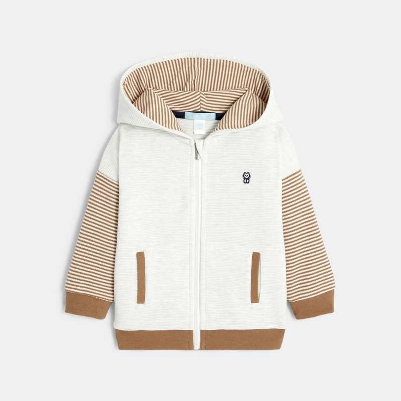 Sweat zippé effet côtelé chat brodé blanc bébé garçon