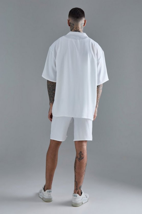 Tall kurzärmliges Leinen-Hemd & Shorts in Weiß
