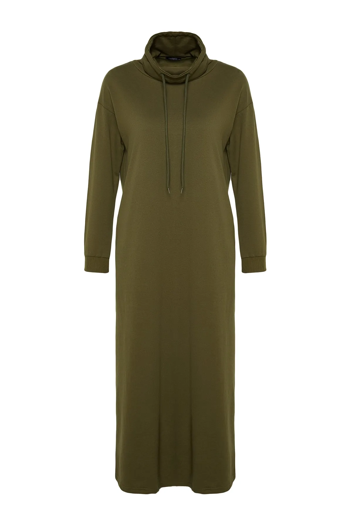 Trendyol Modest  Khakifarbenes Maxi-Strickkleid mit Degaje-Kragen und Spitzendetail TCTSS22EB0132