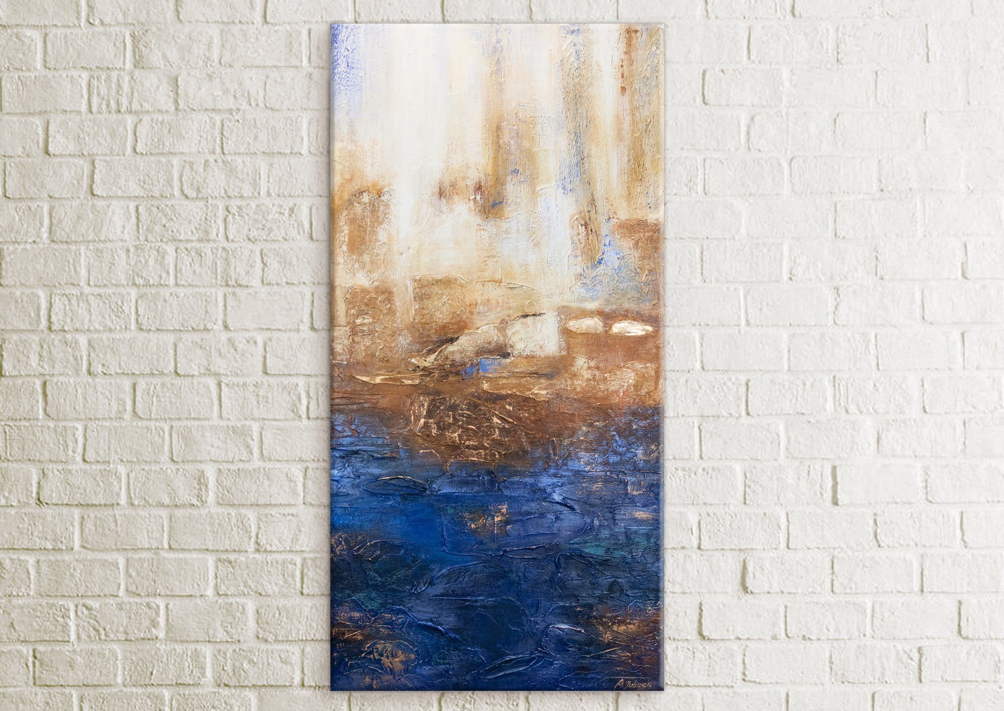 YS-Art Gemälde Marine II, Abstrakte Bilder, Vertikales Leinwand Bild Handgemalt Blau Gold Abstrakt