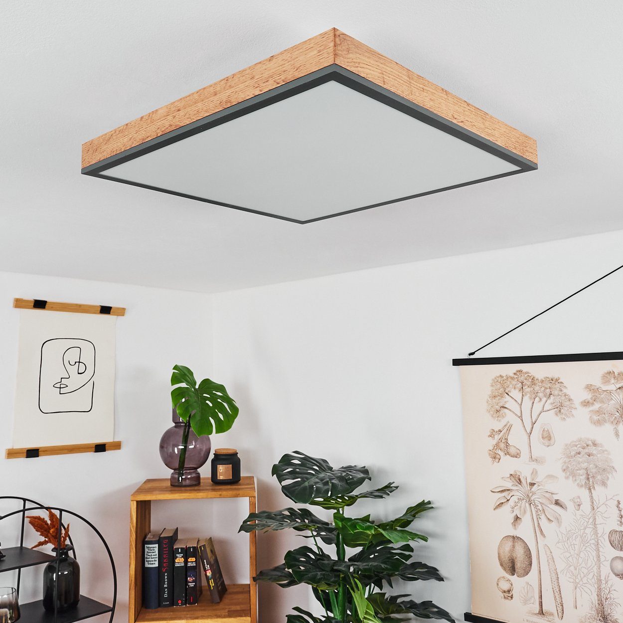 hofstein Deckenleuchte Vacil modernes Deckenpanel aus Metall, MDF, Schwarz/Weiß/Holzoptik, 3000 Kelvin, 24 Watt, 2100 Lumen, eckige Deckenlampe in flachem Design