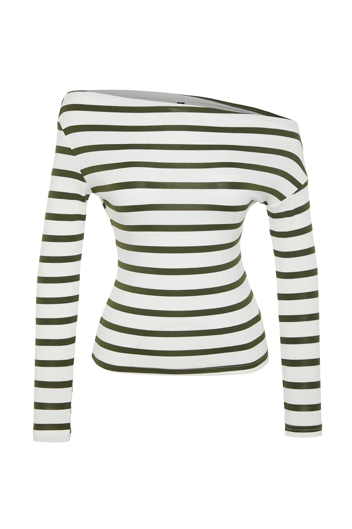 Trendyol Collection  Khaki-weiß gestreifte, hochwertige, weiche, taillierte, dehnbare Strickbluse mit U-Boot-Ausschnitt TWOAW24BZ00227