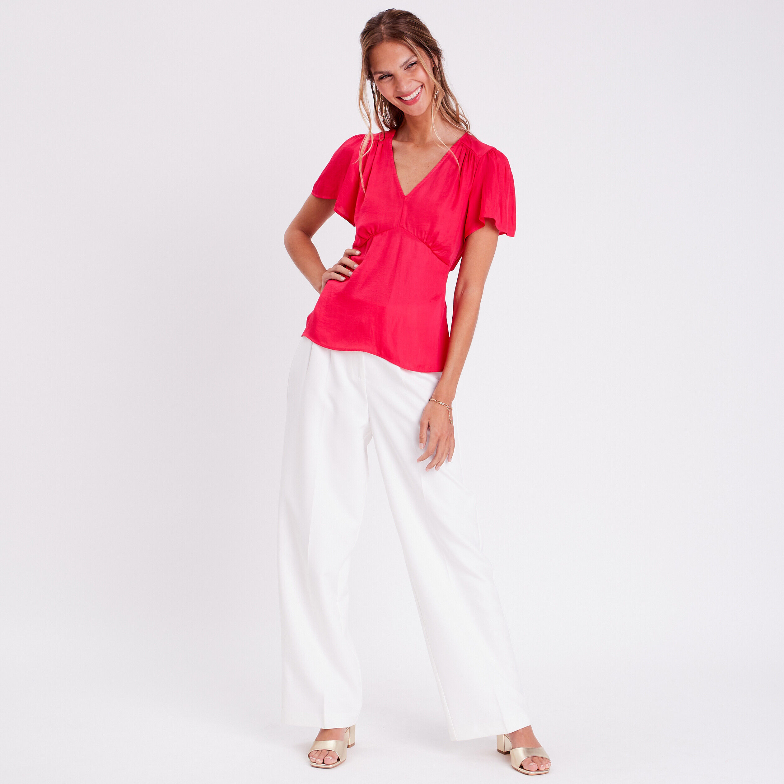 Blouse manches courtes satin rose vif femme | Cache Cache