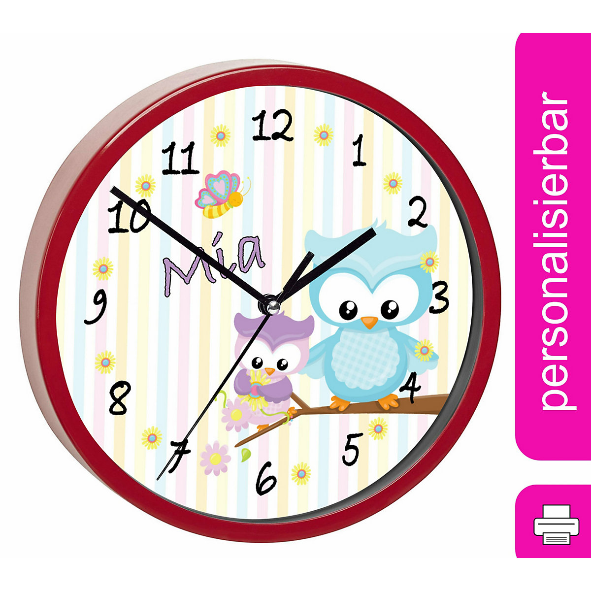 Kinder Wanduhr personalisiert mit Name Eule Frühling