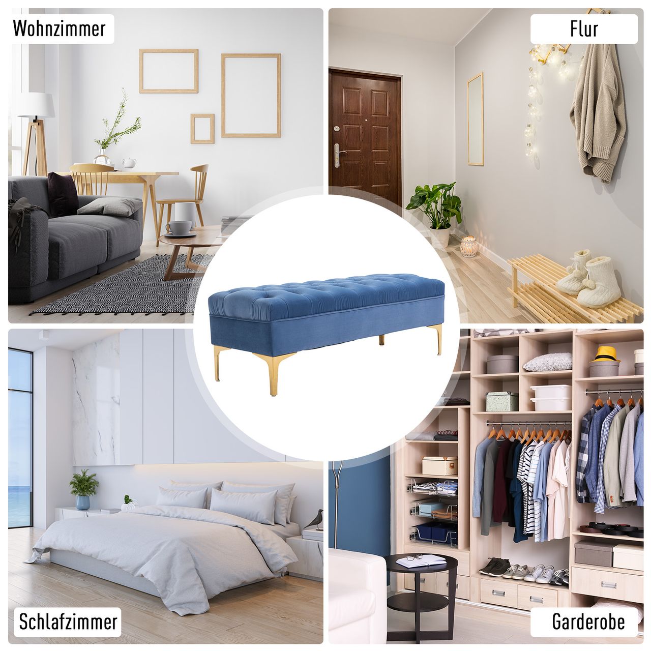 HOMCOM Sitzbank Bettbank Schuhbank mit erhöhten Beine Schlafzimmer Samt Blau