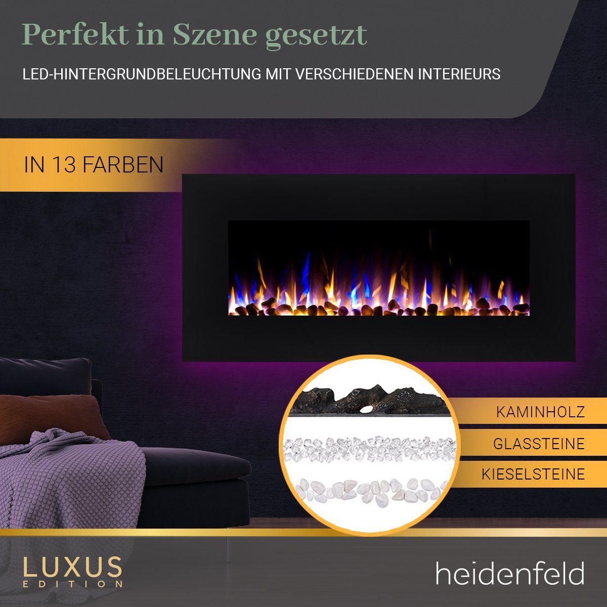 Heidenfeld Elektrokamin Kamin Heizung Wandkamin HF-WK500 750/1500 Watt inkl. 3 J. Garantie LED, 3D Flammen - Bluetooth Lautsprecher - Fernbedienung - Elektroheizung